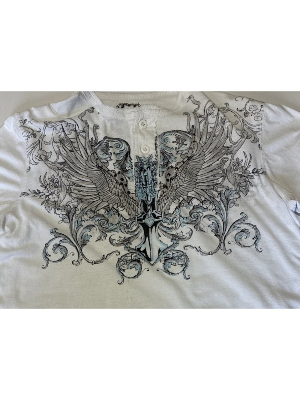 Modern Culture Womens L T-Shirt White Distressed Grunge Wings Y2K 2009 VTG Tee